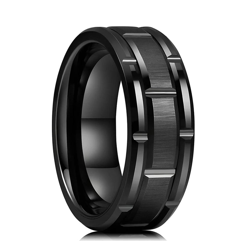 Men's Black Stainless Steel Wedding Band with Double Groove Detail