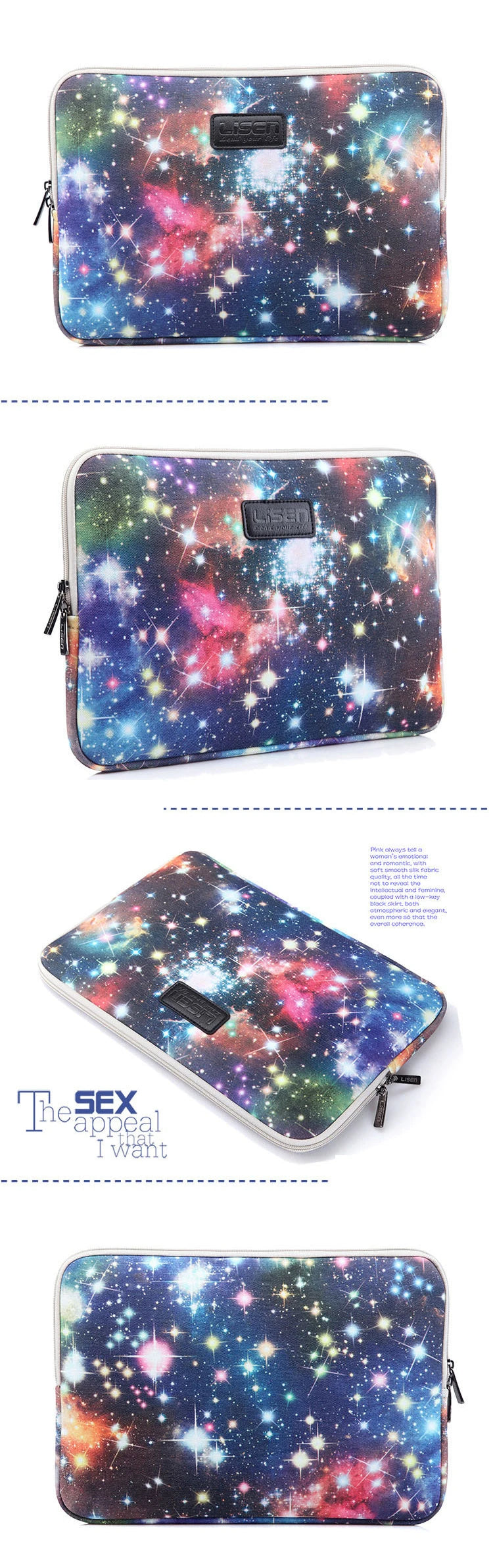 A purple and blue galaxy-themed laptop sleeve or pouch.