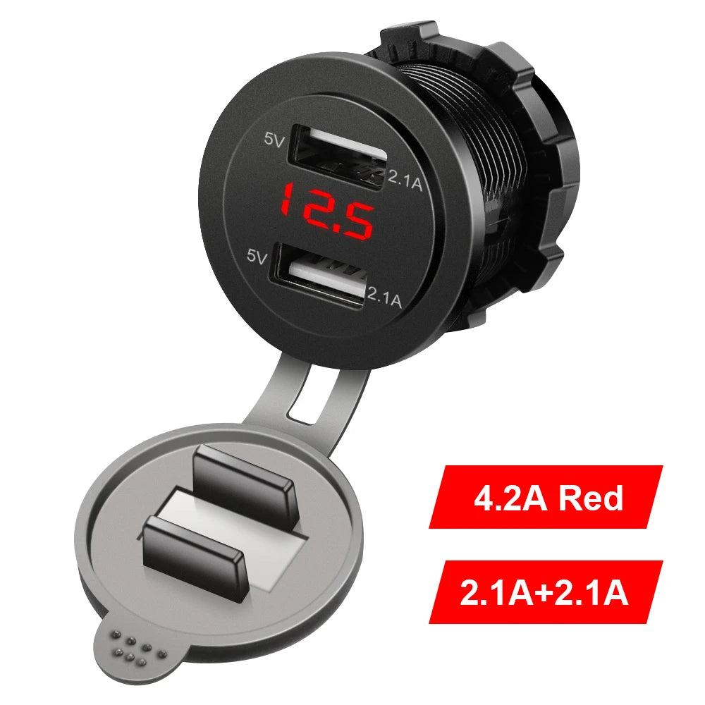 Dual USB Car Charger with LED Voltmeter – Fast Charging 12V/24V