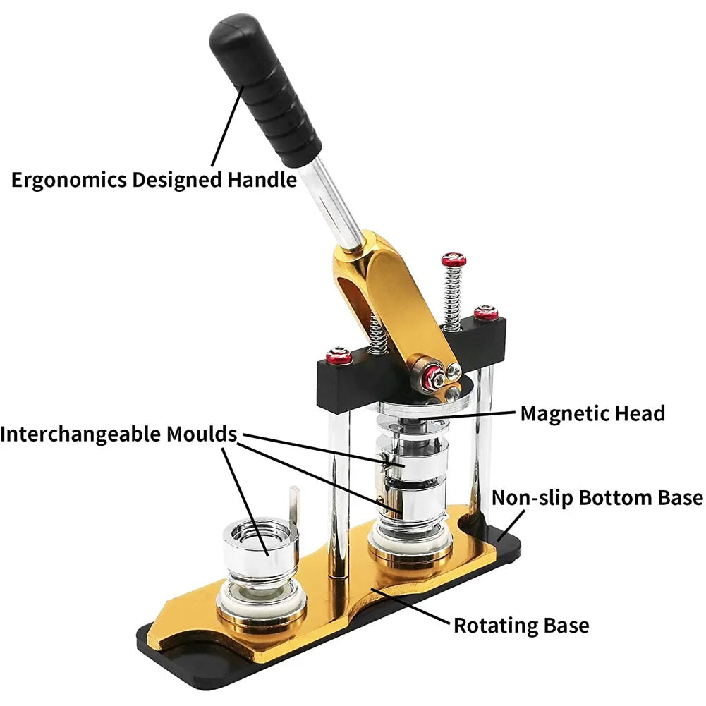 A gold and black button maker machine kit with an ergonomic handle, interchangeable molds, magnetic head, and rotating base.