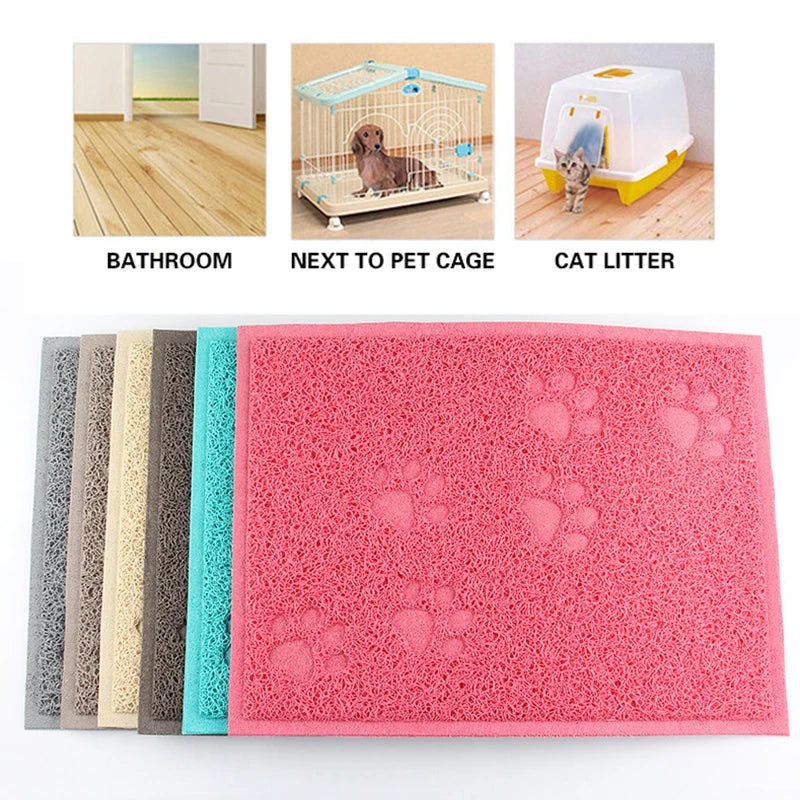A pink cat litter mat with paw print design shown alongside various colors of non-slip mats and usage examples.