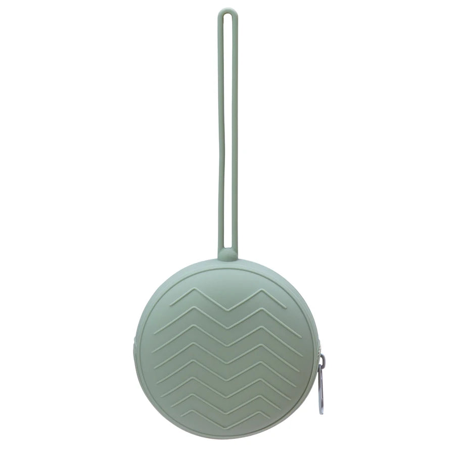 A light green food-grade silicone pacifier case with a long loop for attachment.