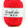 A ball of bright red acrylic line yarn labeled as 13-gauge thread.