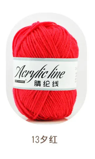 A ball of bright red acrylic line yarn labeled as 13-gauge thread.