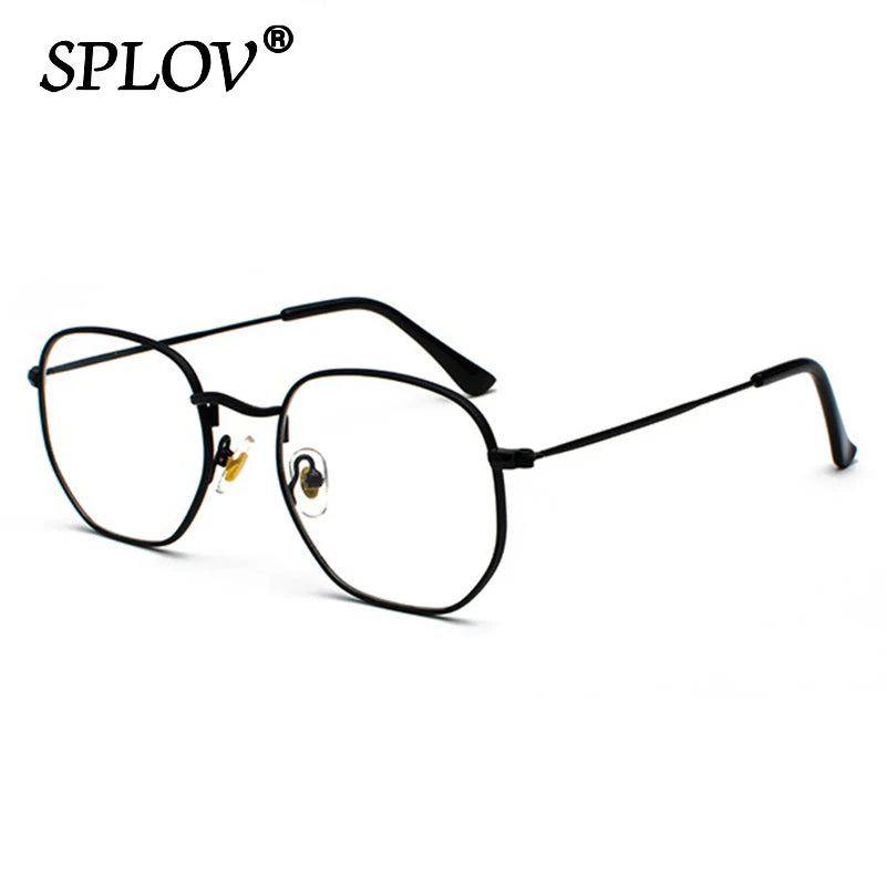 Schwarze Sechsflächen-Metallrahmen-Sonnenbrille mit dünnen Arm und klaren Linsen