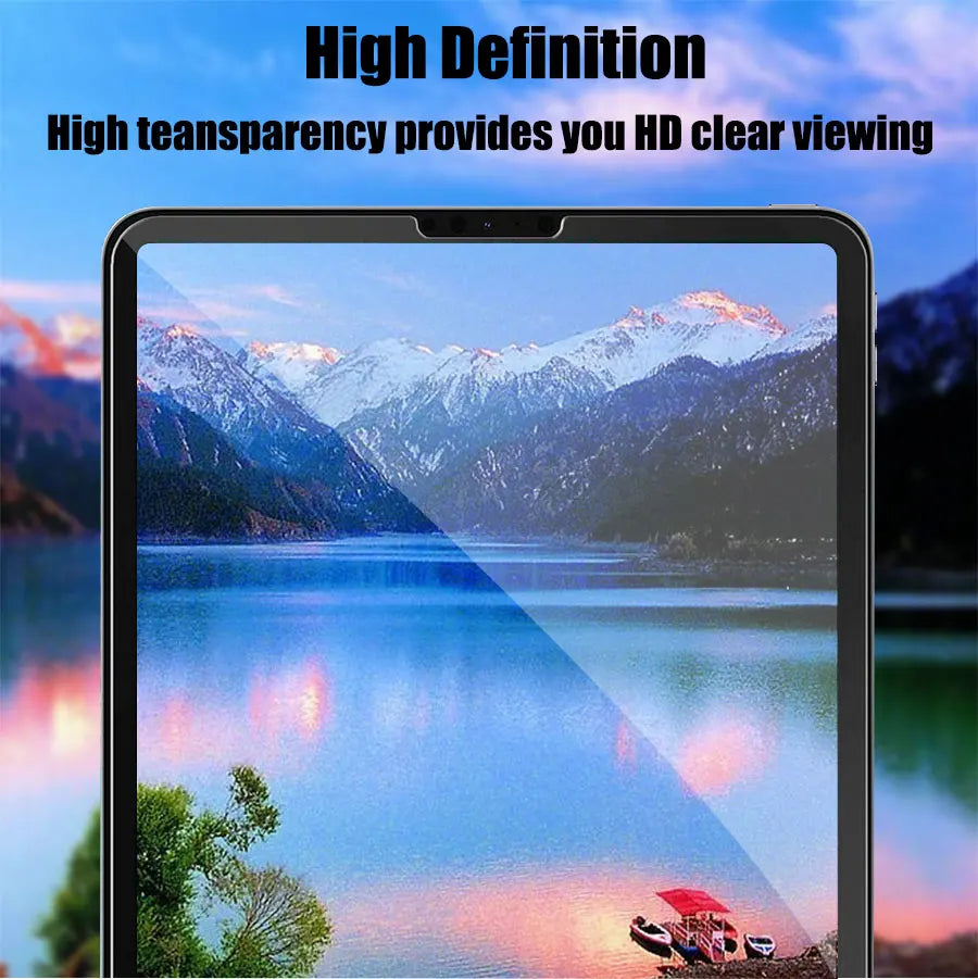 A tablet screen protector is shown on an iPad displaying a scenic mountain landscape with reflections.