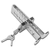 A silver universal steel pedal lock for car anti-theft protection with a key attached.
