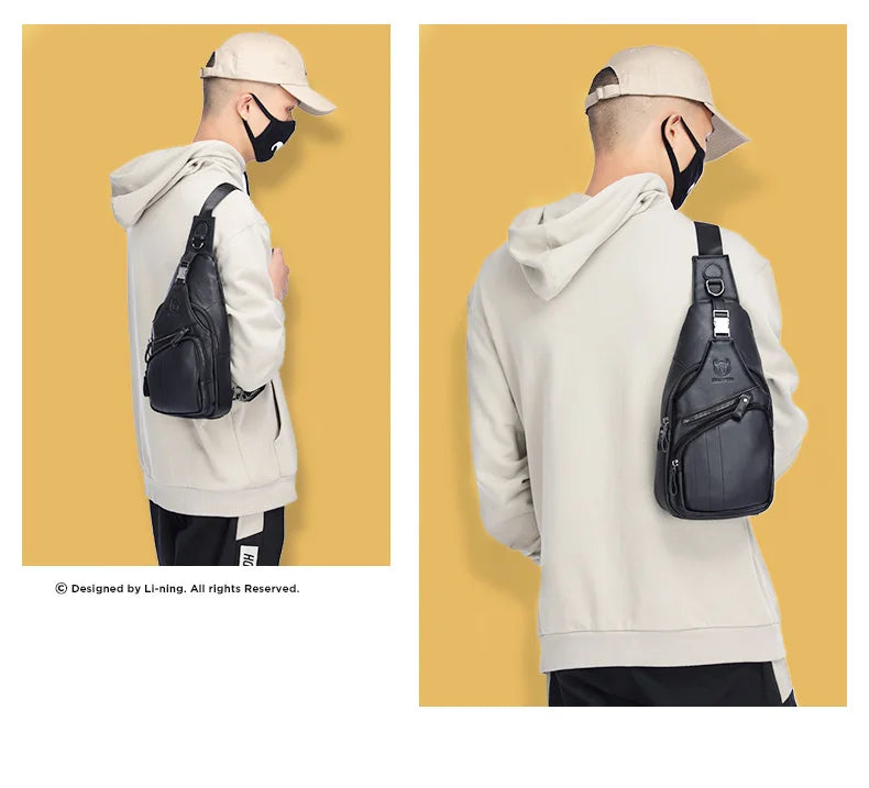 A man wearing a beige hoodie and cap is shown in two views, featuring a black leather chest bag.