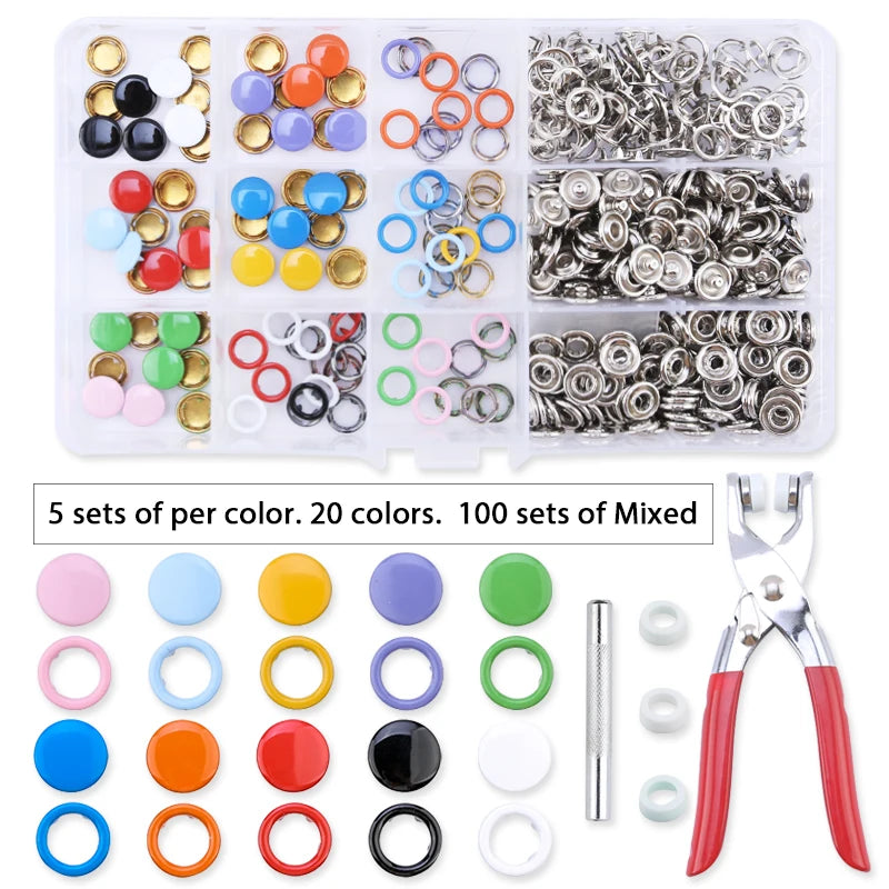 A set of metal snap fasteners and a pair of pliers tool with various colors