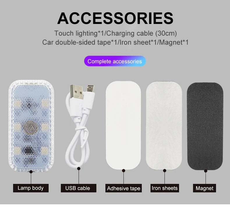 Accessoires pour une mini lumière LED intérieure sans fil de voiture, incluant un câble de charge, du ruban adhésif, des feui
