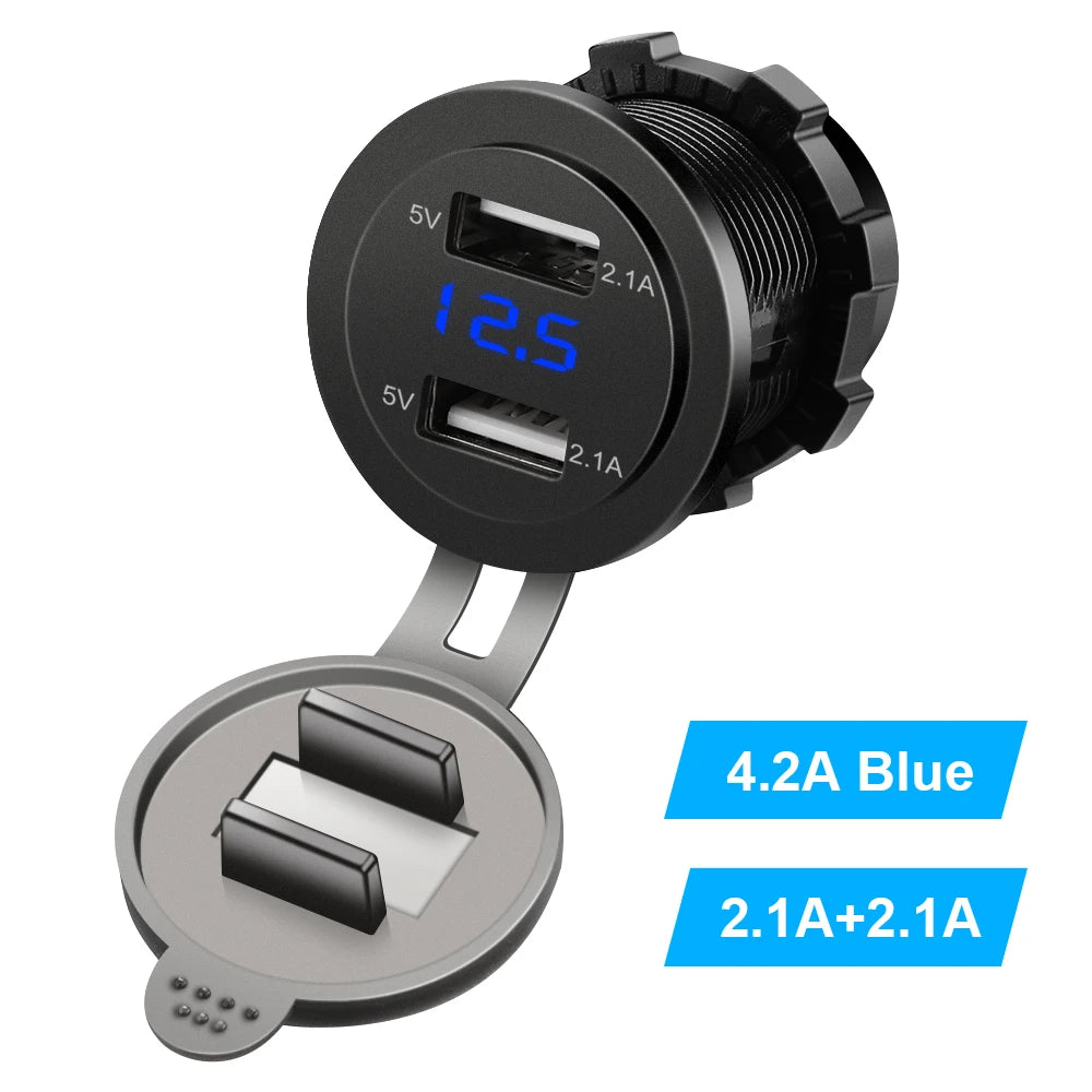 Dual USB Car Charger with LED Voltmeter – Fast Charging 12V/24V
