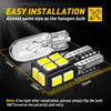 A pack of LED bulbs designed for car interior lights, shown next to a standard halogen bulb and measurement markings.