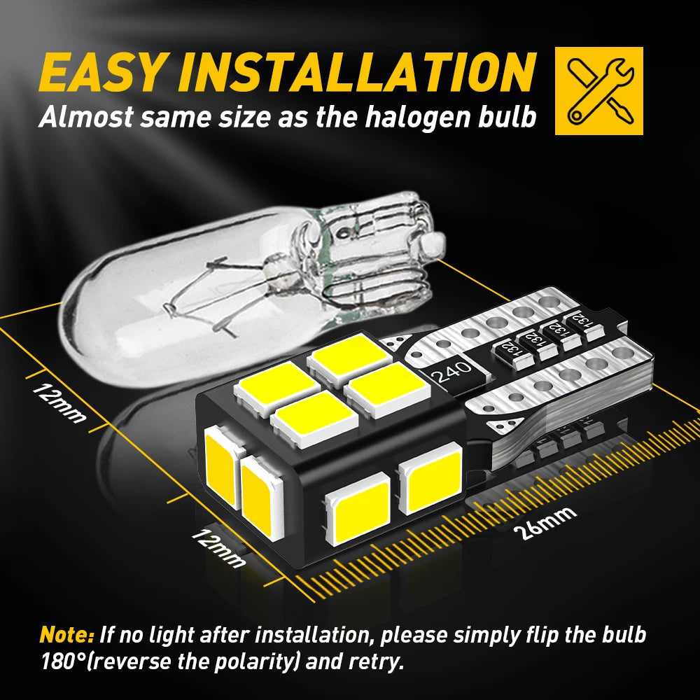 A pack of LED bulbs designed for car interior lights, shown next to a standard halogen bulb and measurement markings.