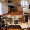 Before and after photos showing a kitchen renovation with rustic wood grain cabinets and countertops.