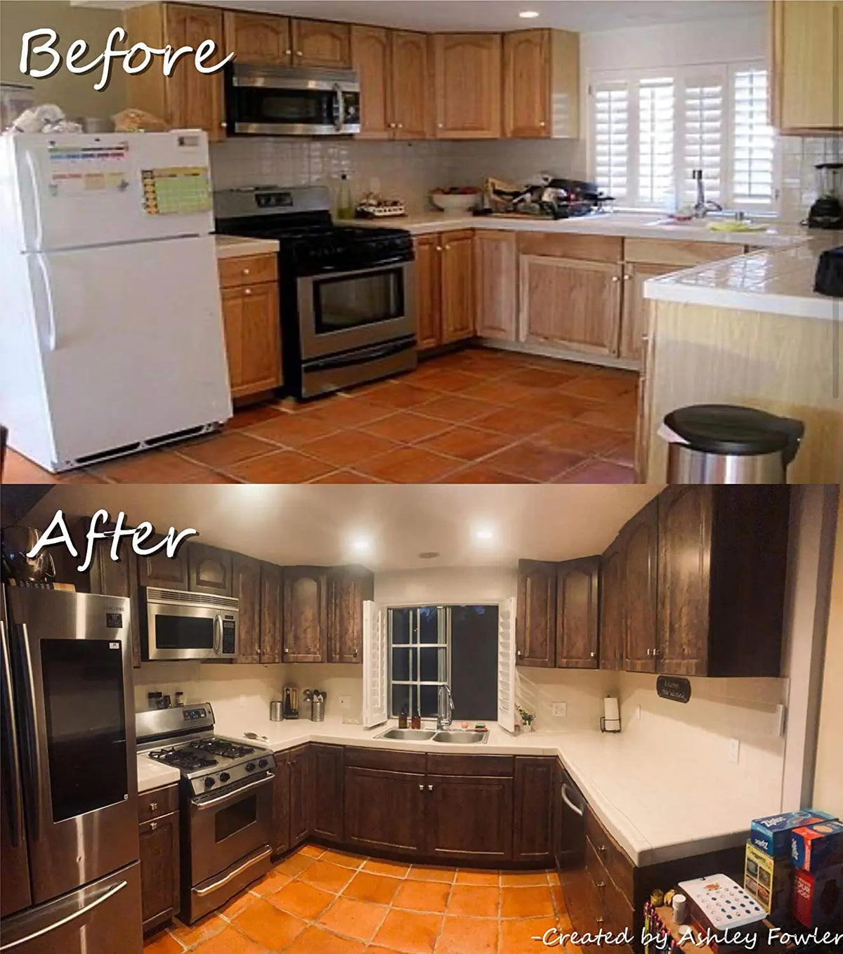 Before and after photos showing a kitchen renovation with rustic wood grain cabinets and countertops.