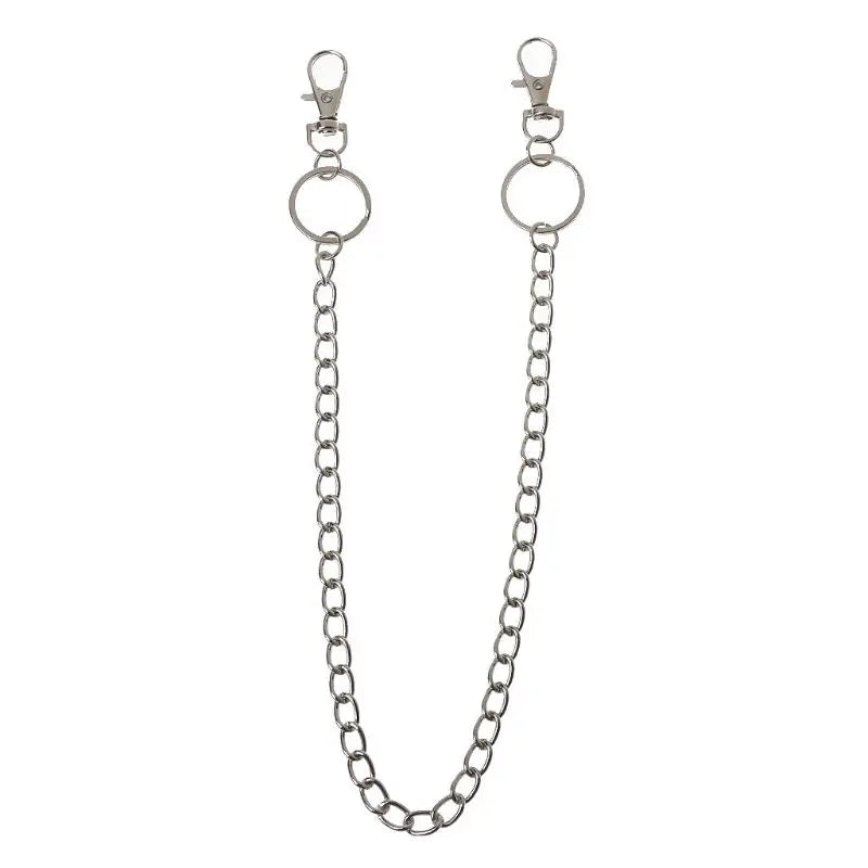 A 16-inch chrome steel punk chain belt accessory with a keyring.