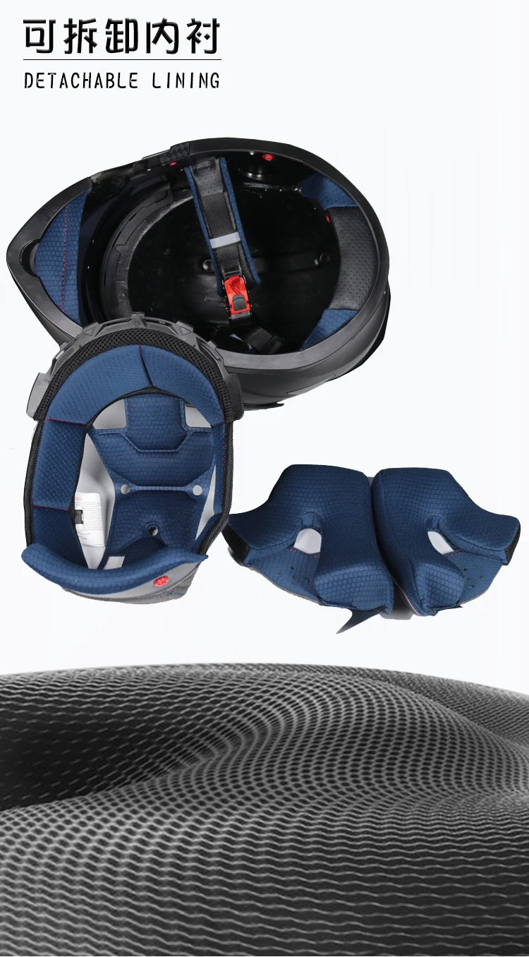 A black motorcycle helmet with a detachable blue lining and padding components shown separately.