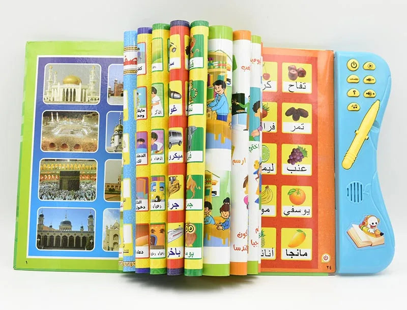 A set of colorful Arabic interactive e-book learning toys for children, featuring various illustrated books.