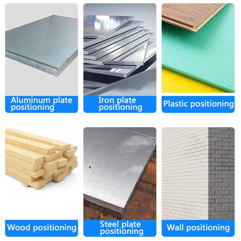 Various positioning tools including aluminum plate, iron plate, plastic, wood, steel plate, and wall sections.