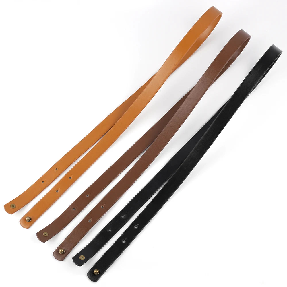 A set of five adjustable PU leather crossbody bag straps in various shades of brown and black.