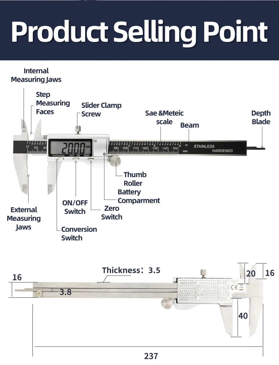 Stainless Steel Digital Caliper with LCD Display