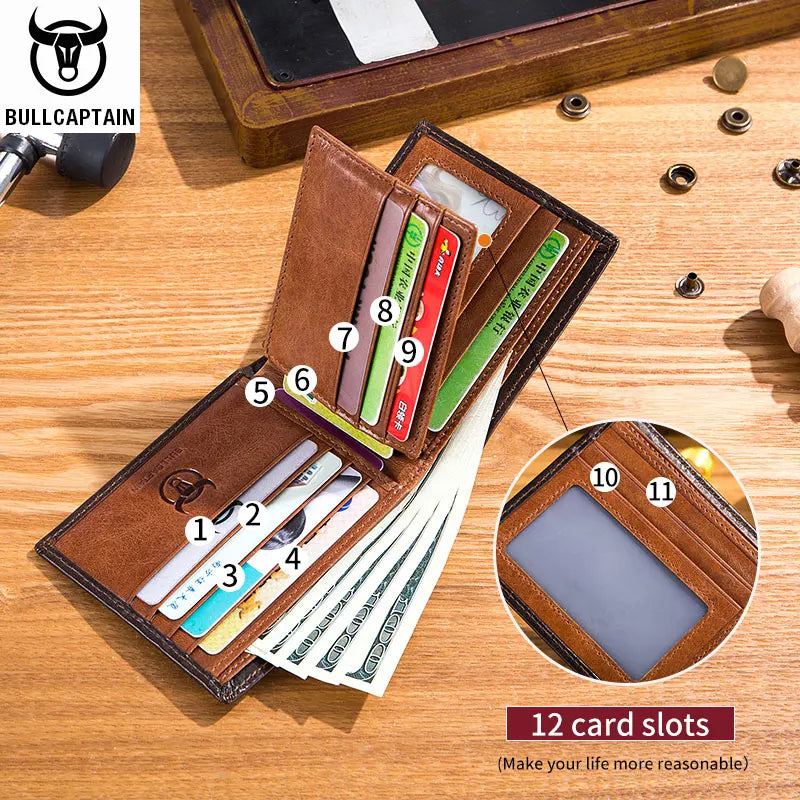 Brown genuine leather bifold wallet showing 12 card slots and cash inside