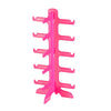 A bright pink stackable display stand for holding sunglasses and reading glasses.