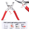 Five claw clamp installation steps showing how to use the metal snap fastener kit and pliers tool
