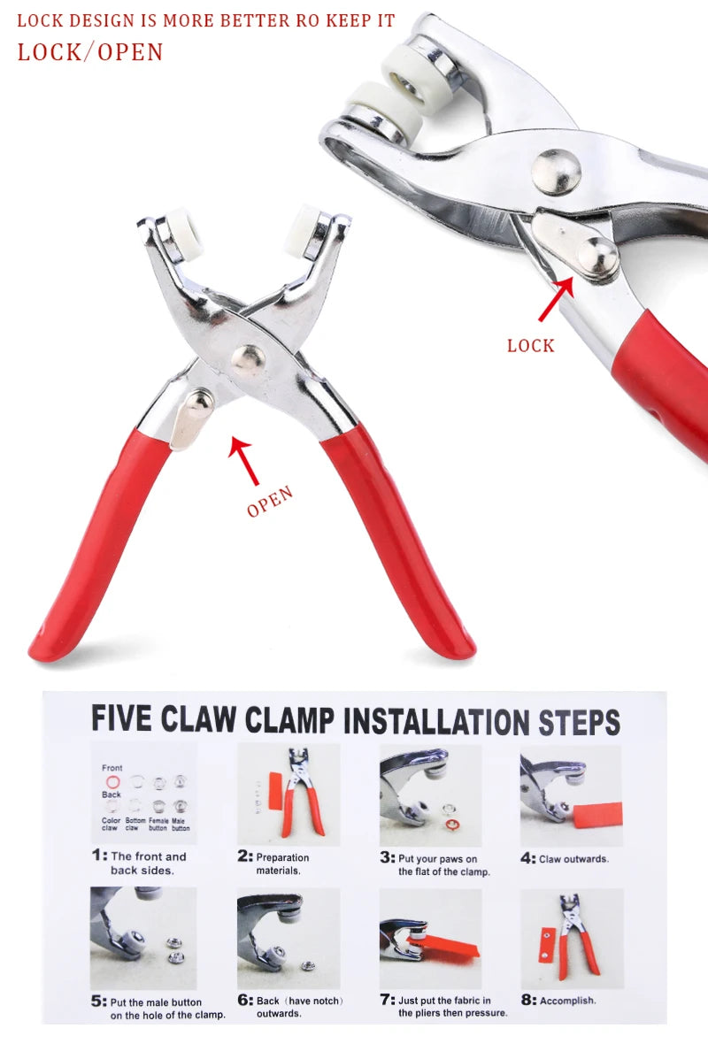 Five claw clamp installation steps showing how to use the metal snap fastener kit and pliers tool