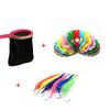 A set of beginner magic trick props including a black bag and colorful paper flowers with colored strings.
