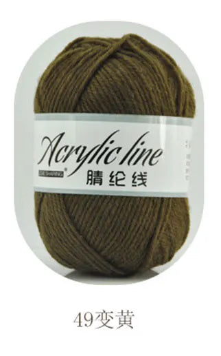 A ball of dark olive green acrylic line yarn labeled as 49 strands for knitting and crochet.
