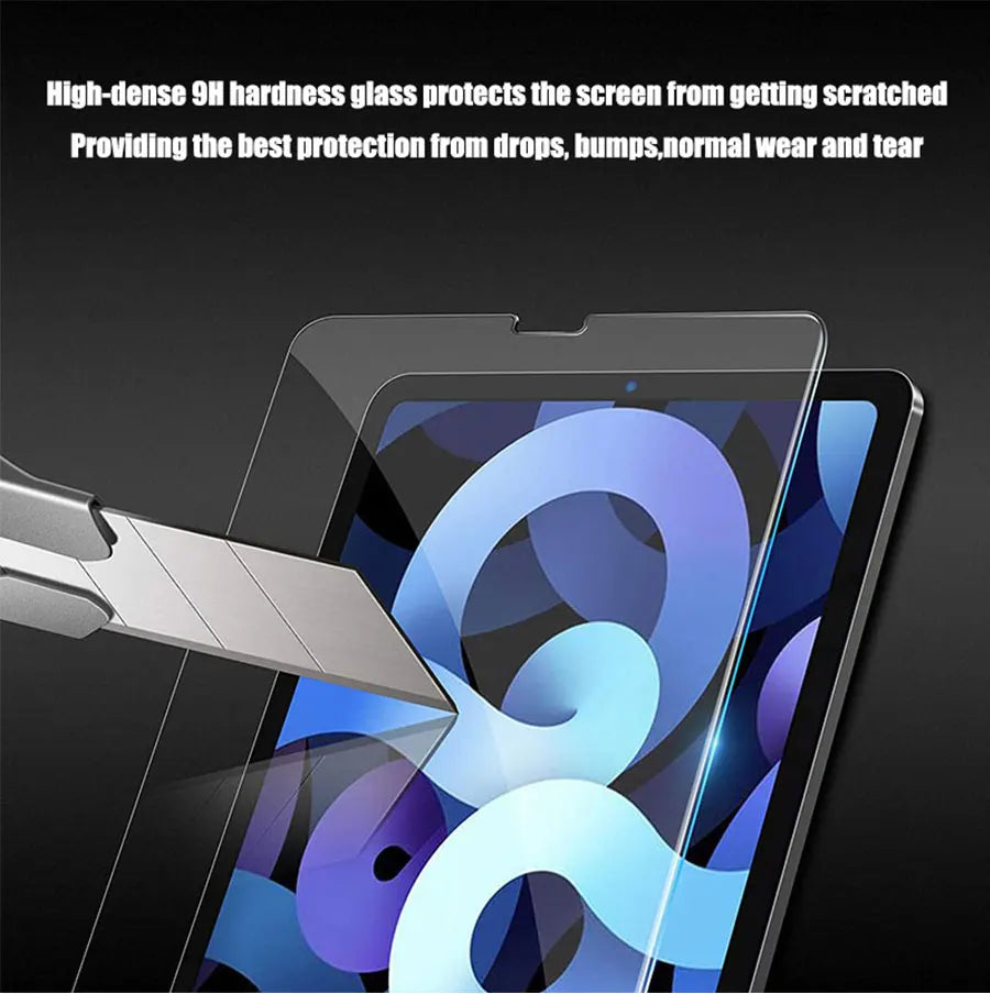 A silver tool is applying a tempered glass screen protector to an iPad screen.