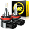 A pair of bright LED fog light bulbs with a silver housing and yellow lens are displayed against a black box background.