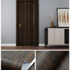 A dark brown wood grain self-adhesive wallpaper is shown rolled up and a finished door panel, demonstrating the texture.