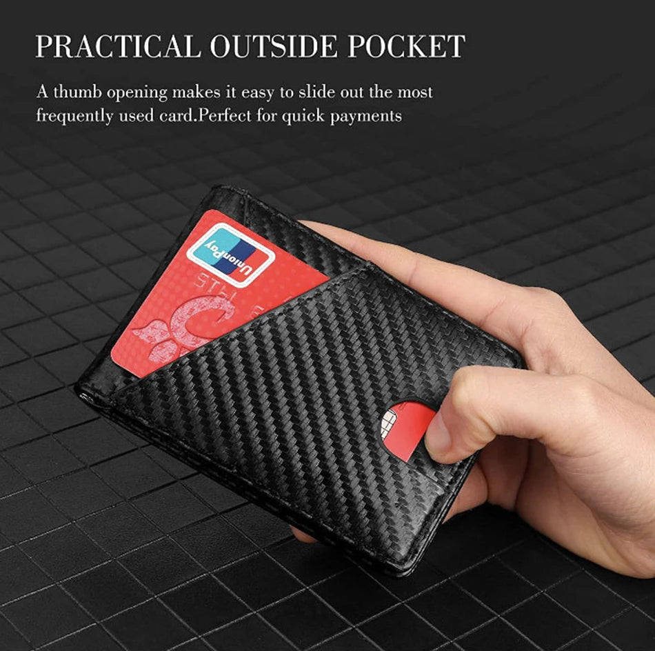 A hand holds a black carbon fiber wallet with a thumb opening for quick payments.