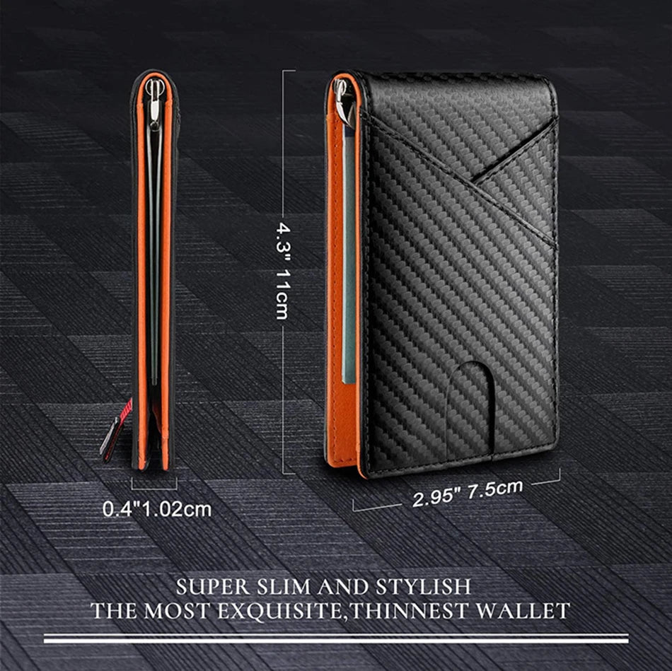 A slim black wallet with an orange accent, shown in a vertical profile view.
