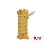 A spool of golden yellow soft silk bondage rope measuring 10 meters with a metal clip.