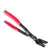 A pair of red trim clip removal pliers used for auto upholstery and panel work.