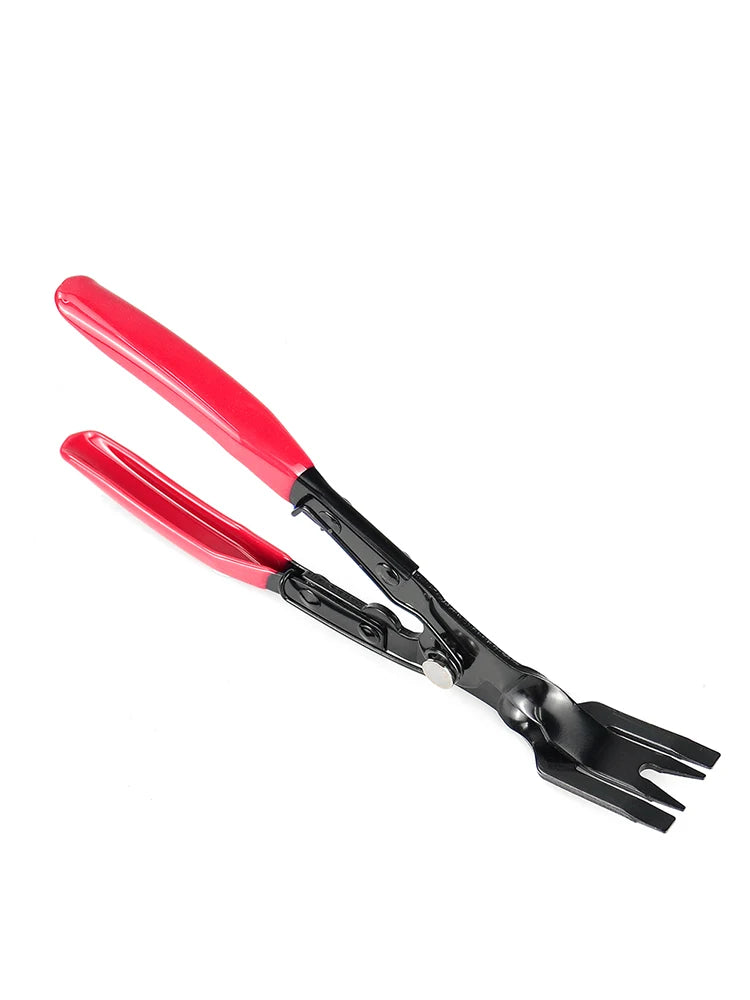 A pair of red trim clip removal pliers used for auto upholstery and panel work.