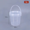 A clear 1 liter food-grade plastic storage bucket with a tamper-evident lid shown from the side.