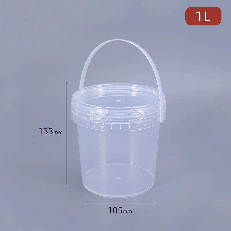 A clear 1 liter food-grade plastic storage bucket with a tamper-evident lid shown from the side.