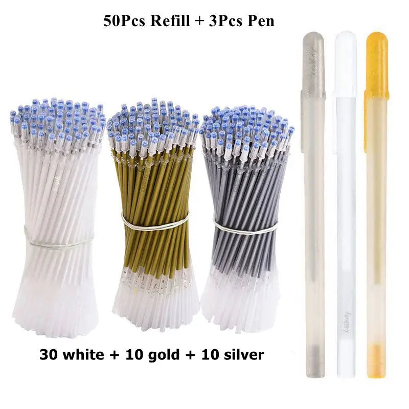 A set of 50 refill pens plus 3 pens in white, gold, and silver colors.