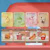 A collection of food-themed embroidered iron-on patches featuring various drinks and snacks like iced tea, smoothies, and bur