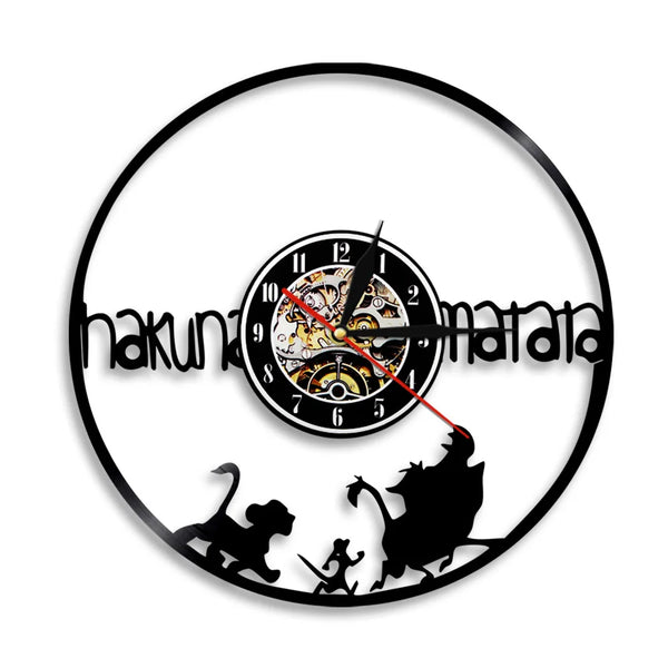 A vintage vinyl record wall clock with a black face and gold artwork showing the time.