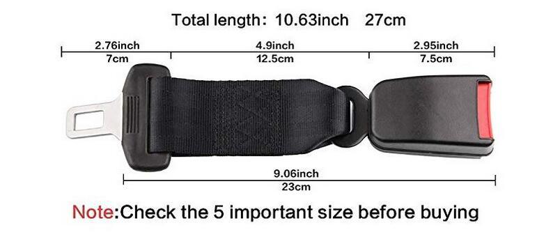 A diagram showing the dimensions of a seat belt extender, including total length and various segment lengths.