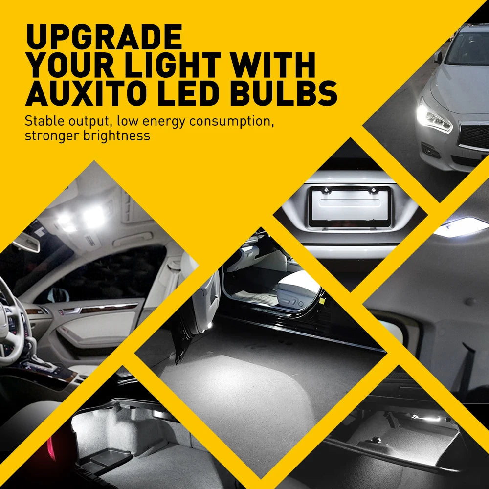 A yellow graphic promoting upgrade light bulbs for cars, showing interior lighting examples.