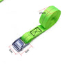 A bright lime green heavy-duty tie-down strap with a metal buckle, showing its dimensions.
