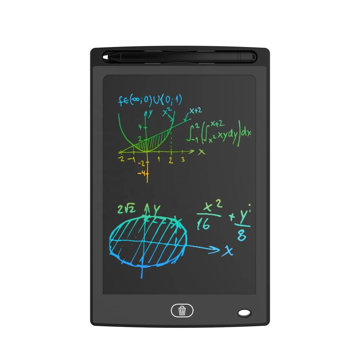 A black digital writing tablet displaying mathematical equations and graphs on a dark screen.