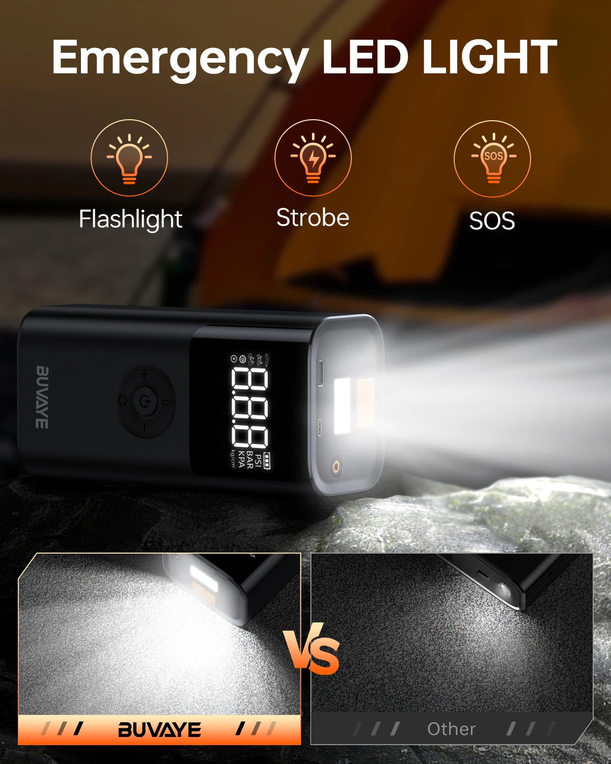 Black emergency LED light device shown with various light modes and a comparison to other lights.