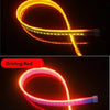 Flexible LED daytime running light strip showing a yellow turn signal and red driving light.